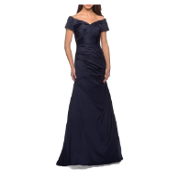 NWT La Femme 25996 Off the Shoulder Beaded Satin Trumpet Gown Blue Size 18 - Picture 1 of 10